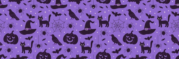 Halloween vector seamless pattern with hat witch pumpkin bat cat and raven Magic holiday background