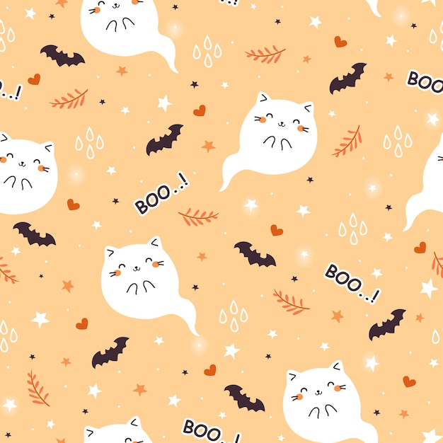 Halloween vector seamless pattern with kawaii cute cat ghost. cartoon animals background in doodle s