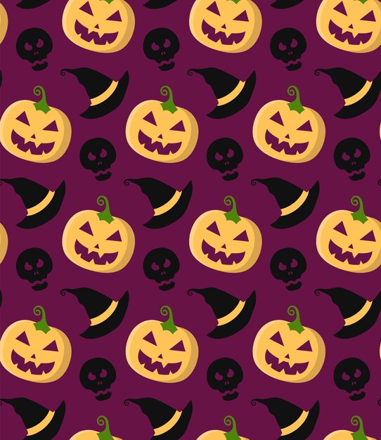 Vector halloween vector seamless pattern with pumpkin, skull, witch hat in trendy flat style.