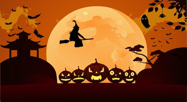 Halloween veld achtergrond met pompoenen, oranje horror nacht met volle maan.