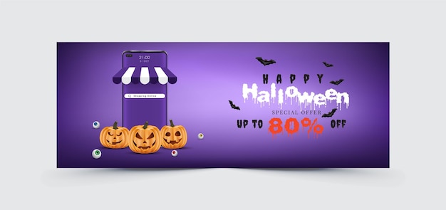 Vector halloween verkoop korting cover banner ontwerpsjabloon met jack o' lantern pompoen happy halloween