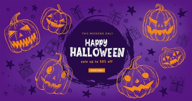 Halloween verkoop pompoenen vleermuis hand getekende illustratie