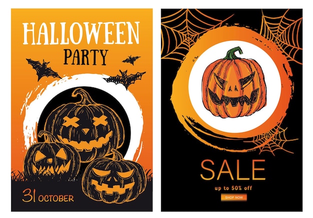 Halloween verkoop pompoenen vleermuis Hand getekende illustratie