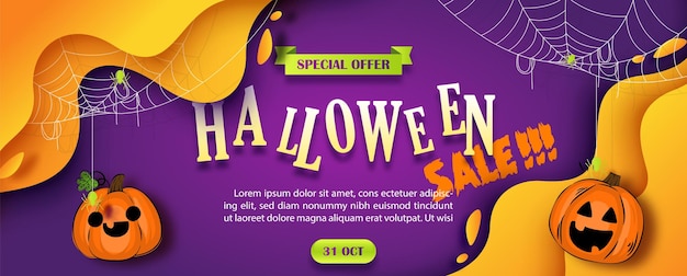 Halloween verkoop poster banner in gele abstracte vorm en op gradiënt paarse achtergrond