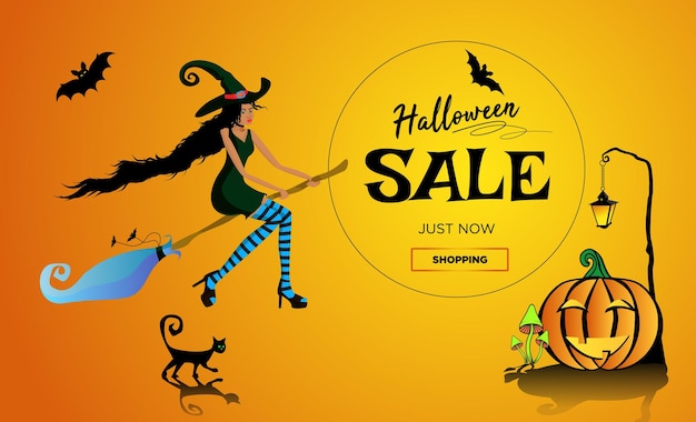 Vector halloween verkoop promotie poster banner met een mooie zwarte heks vliegen op een bezemsteel een zwarte kat en een leuke pompoen gloeiende paddestoelen en vleermuizen vectorillustratie op oranje achtergrond met kleurovergang