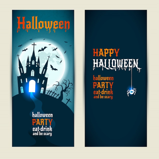 Banner verticale di halloween impostato su sfondo blu e scuro.