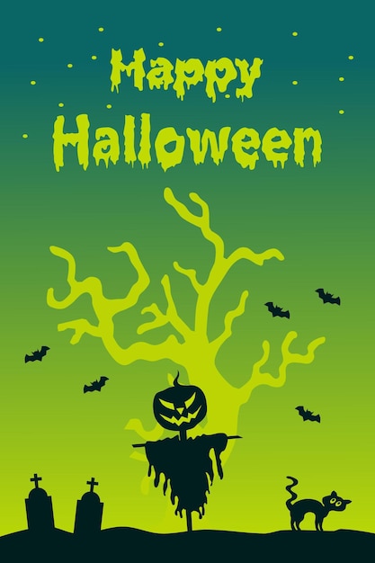 Halloween verticale achtergrond met vogelverschrikkerpompoen en Happy Halloween-titel