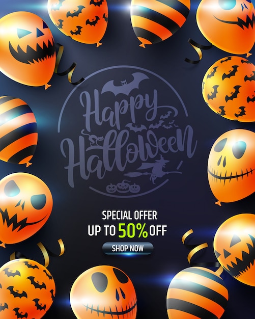 Vector halloween verticale verkoop banner met enge ballonnen