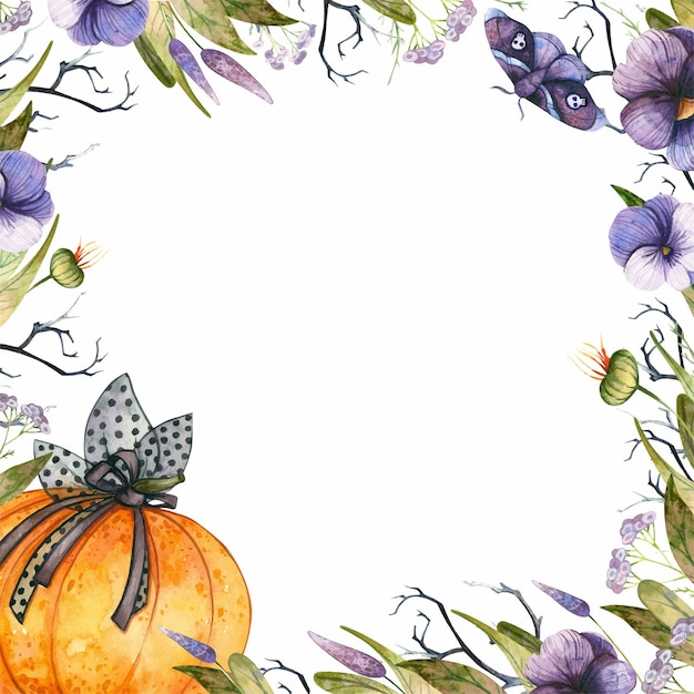 Halloween vierkant frame met aquarelpompoen en gotische herfstbloemen