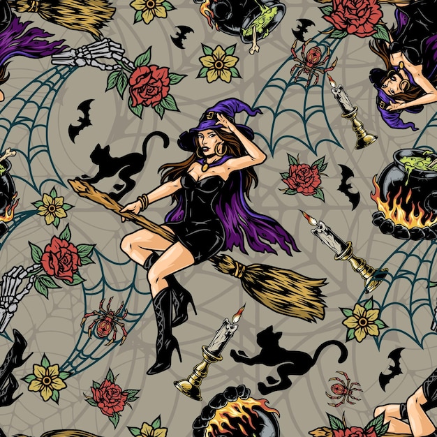 Halloween vintage seamless pattern with beautiful witch flying on broom