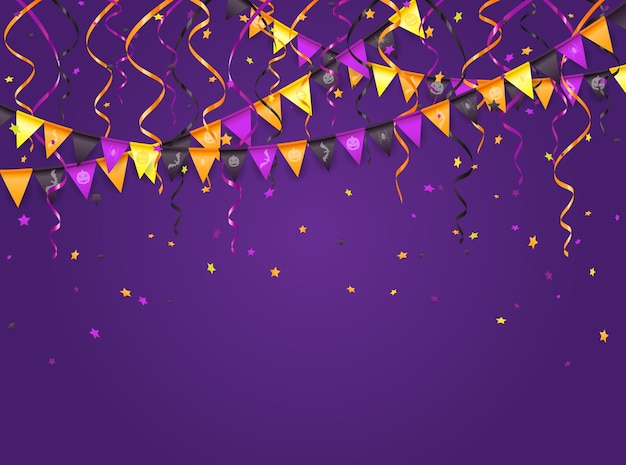 Halloween violet background with multicolored pennants streamers and confetti illustration