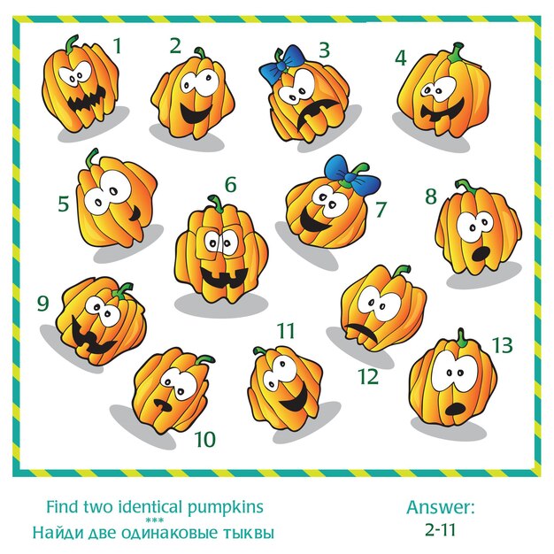 Halloween visual puzzle - Find two identical images of pumpkins. Answer included.