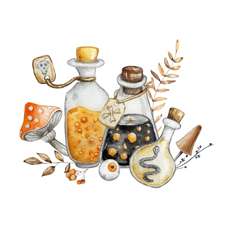 Vector halloween watercolor hand drawn festive composition jars of potion fly agaric and eye