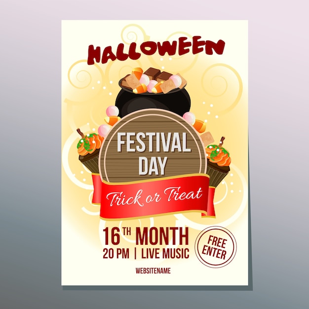 Vector halloween week festival day poster with pot of candy