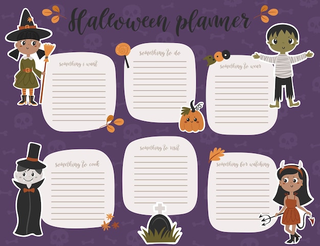Modello di pagina del pianificatore settimanale di halloween. lista delle cose da fare con bambini carini in costume in stile cartone animato