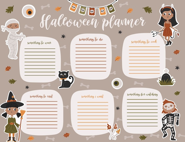 Halloween wekelijkse planner paginasjabloon. takenlijst met schattige kinderen in kostuums in cartoonstijl