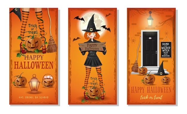 Halloween wenskaart collectie. verticale spandoeken voor halloween. eet, drink, wees bang