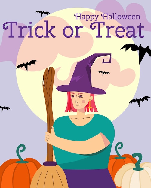 Halloween wenskaart heks maan Happy Halloween inscriptie trick or treat met schattige heks