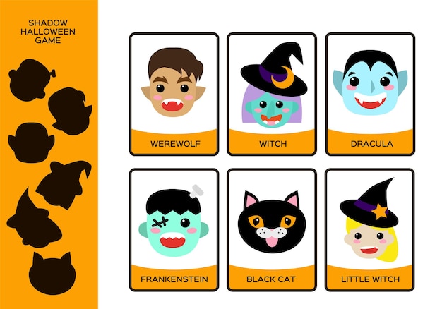 Halloween-werkblad. set van monsters. heks, kleine heks, weerwolf, zwarte kat, dracula en frankenstein. onderwijs schaduwspel voor kinderen. gelukkig halloween-spel. vector.