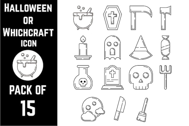 Halloween or Which craft icon pack bundle lineart vector template