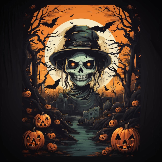 Vector halloween witch canvas print scarecrow and pumpkins in scary halloween backgroun