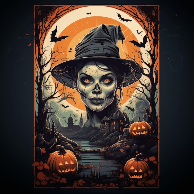 Vector halloween witch canvas print scarecrow and pumpkins in scary halloween backgroun