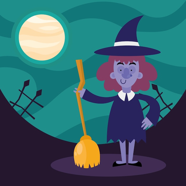 Halloween witch cartoon with broom design, scary theme