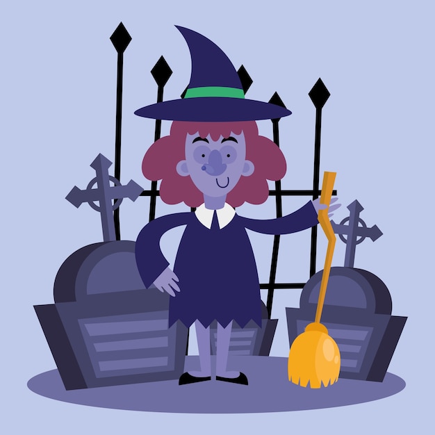 Vector halloween witch cartoon with broom and graves design, scary theme