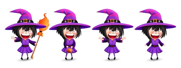 Halloween witch characters vector set design Witch character in cute scary spooky and creepy