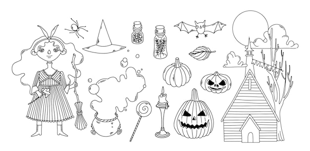 Vector halloween witch coven black contour elements set for coloring page