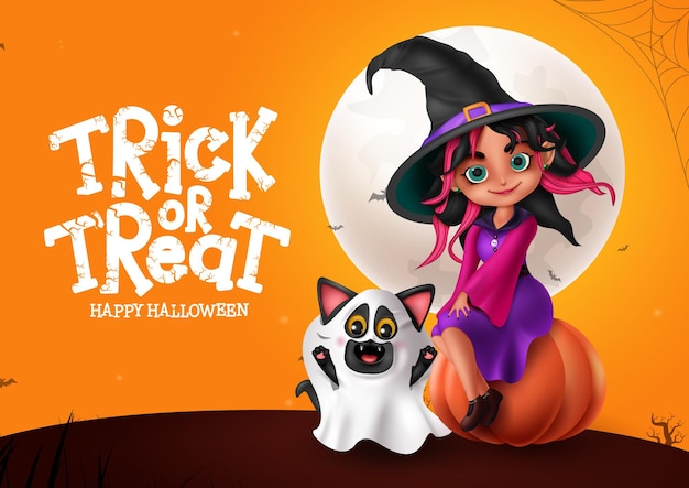 Halloween witch girl character vector design Happy halloween trick or treat greeting with cute