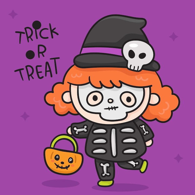 Vector halloween witch girl fancy costume with jack o lantern candy kawaii cartoon