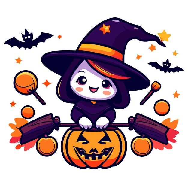 Vector halloween witch girl pumpkin hand drawn flat stylish cartoon sticker icon concept isolated