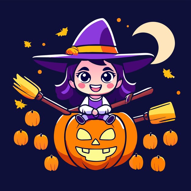 Vector halloween witch girl pumpkin hand drawn flat stylish cartoon sticker icon concept isolated