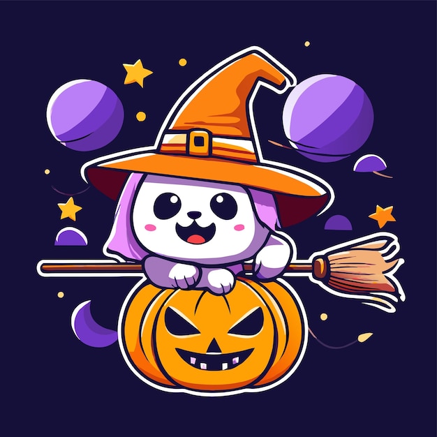 Halloween witch girl pumpkin hand drawn flat stylish cartoon sticker icon concept isolated