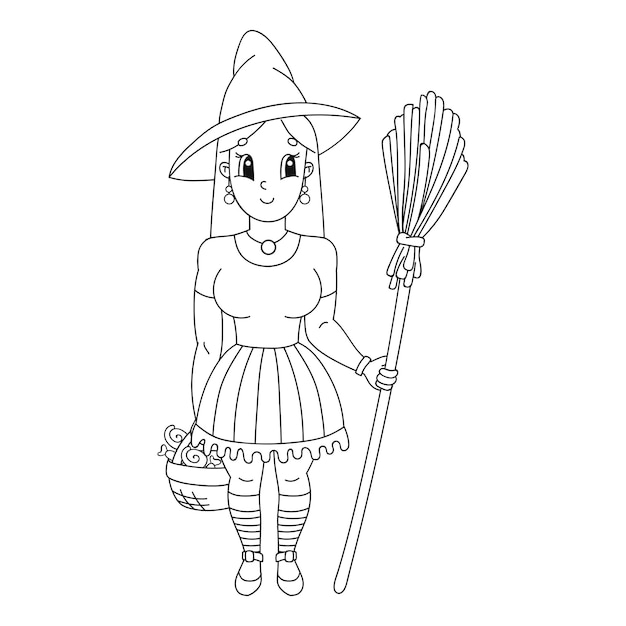 Halloween witch in hat with broom coloring book page for kids