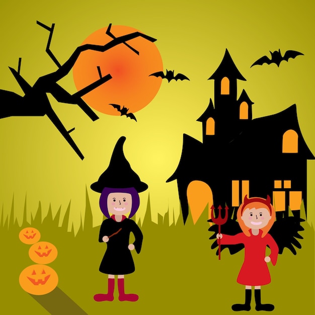 Strega di halloween e bambini con sfondo del castello cacciato