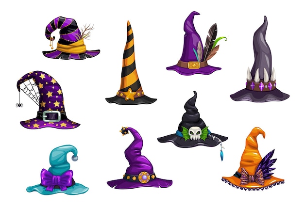 Vector halloween witch, magician and wizard hats or caps