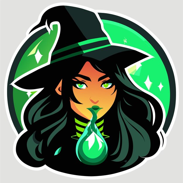 Halloween witch making a potion hand drawn flat stylish cartoon sticker