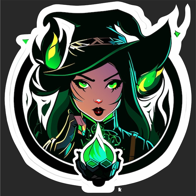 Halloween witch making a potion hand drawn flat stylish cartoon sticker