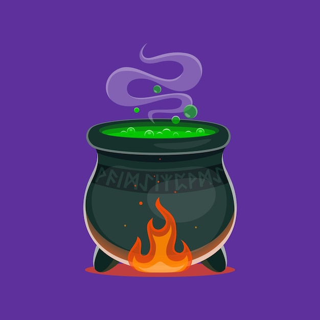 Halloween witch potion cauldron or magic poison pot cartoon vector halloween holiday alchemy or witchcraft cauldron on fire with bubbling green liquid spell drink or magic potion for horror night