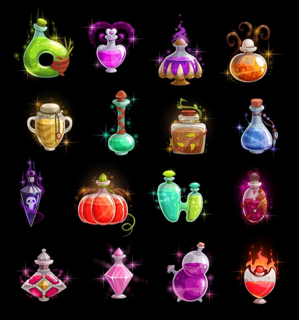 Vector halloween witch potion elixir and poison bottles