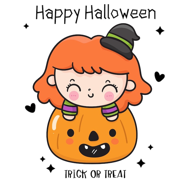 Vector halloween witch on pumpkin kawaii card