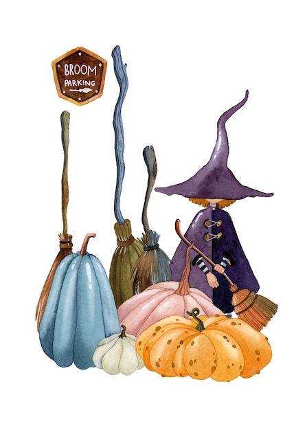 Halloween witch pumpkins brooms  watercolor illustration