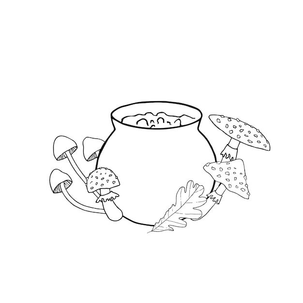 Хэллоуинский котел ведьмы с грибами и листьями. Ручная векторная иллюстрация для раскраски.