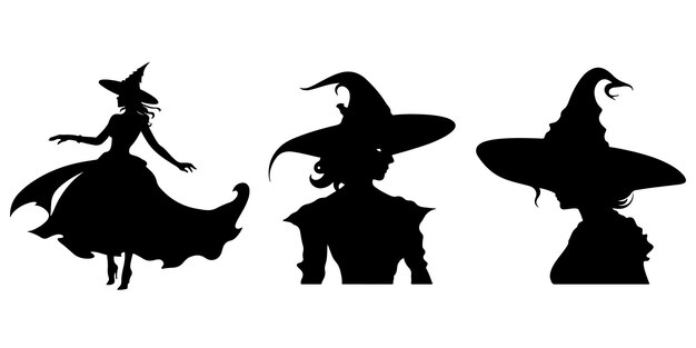 Vector halloween witch silhouette black scare icons set
