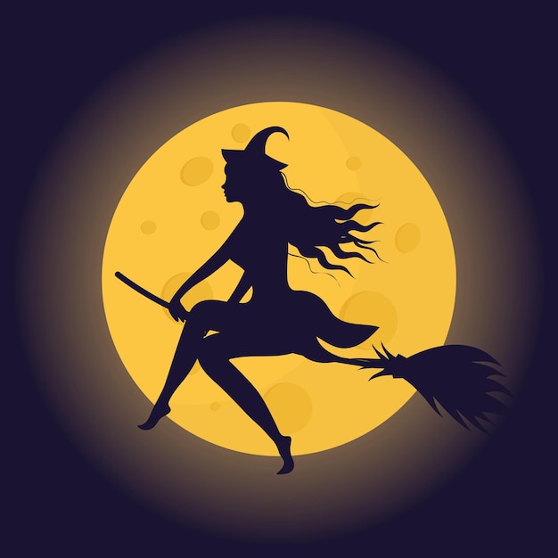 Halloween witch silhouette on a broom opposite the moon. Vector illustration.