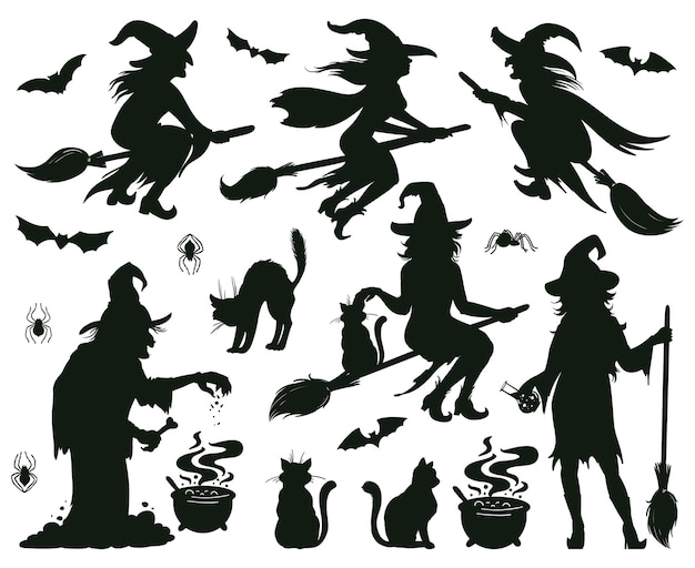 Вектор Силуэты ведьм хэллоуина. волшебные ведьмы дамы с метлой, шляпы и летучие мыши, страшные ведьмы волшебные векторные иллюстрации. силуэты женщин-волшебников. волшебный силуэт ведьмы на хэллоуин с метлой