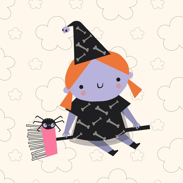 A halloween witch with a black cat on her broom. Vector witch with a spider sits on a broom.