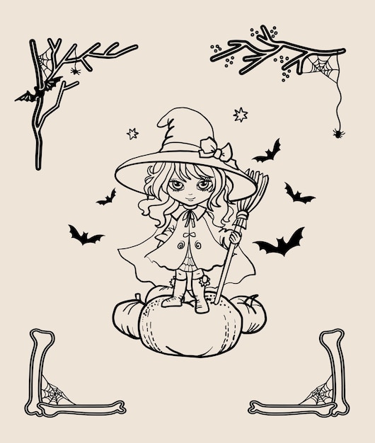 Halloween witch with broom on pumpkin Black and white vector illustration for coloring book